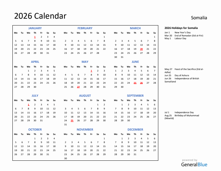 2026 Calendar with Holidays for Somalia