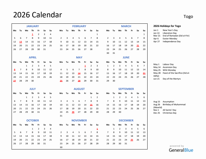 2026 Calendar with Holidays for Togo