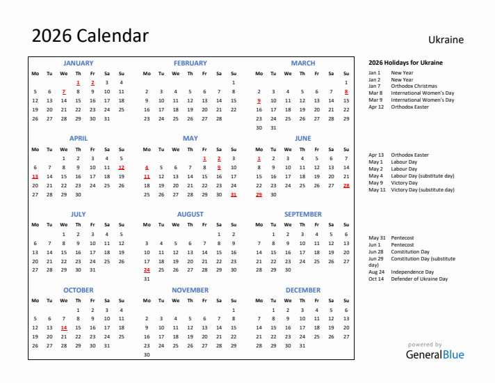 2026 Calendar with Holidays for Ukraine