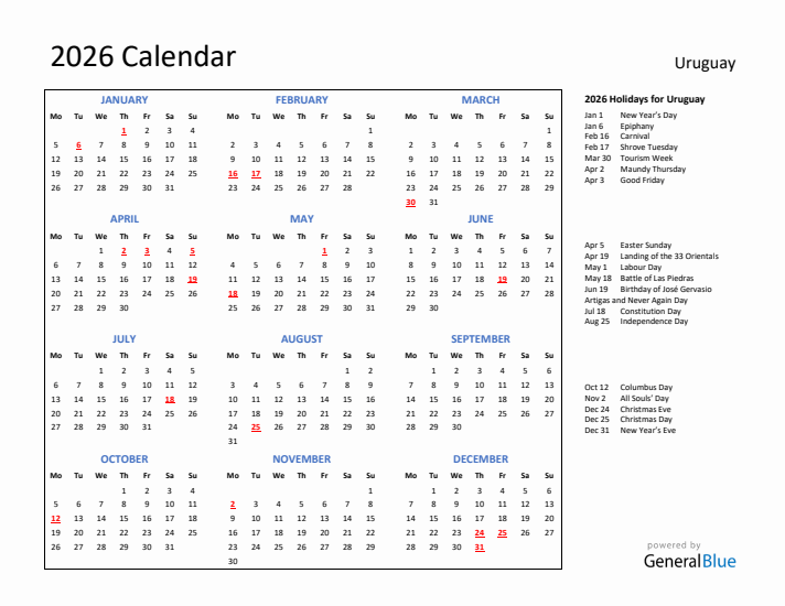 2026 Calendar with Holidays for Uruguay