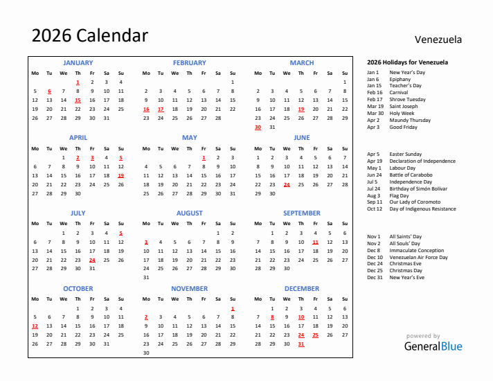 2026 Calendar with Holidays for Venezuela