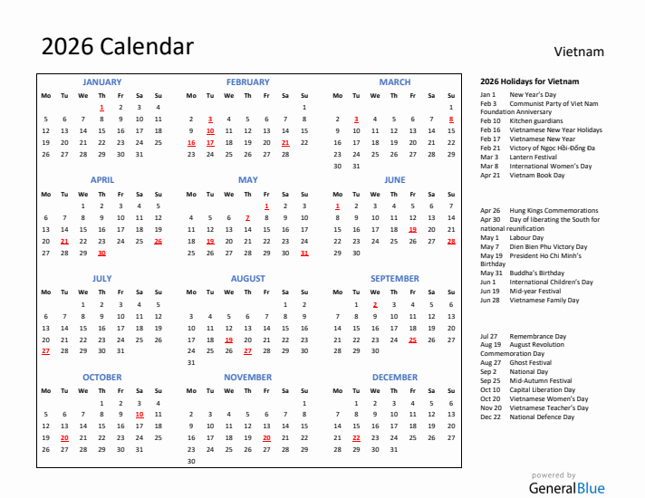2026 Calendar with Holidays for Vietnam