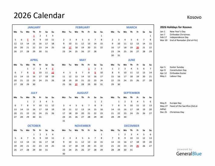 2026 Calendar with Holidays for Kosovo
