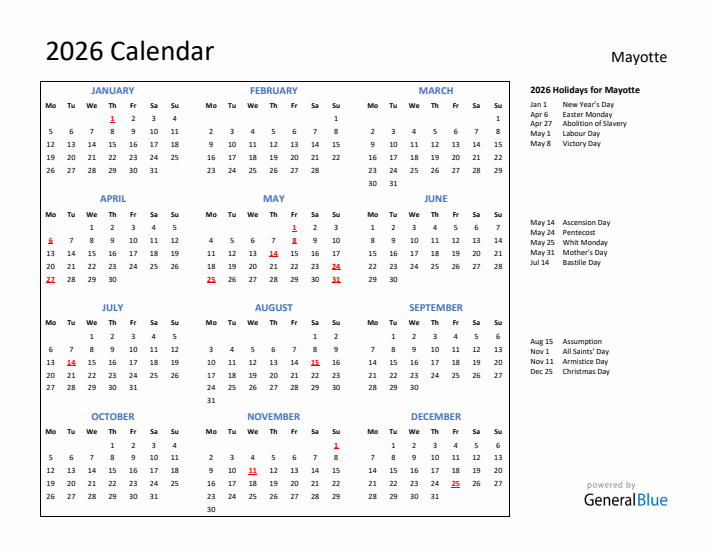 2026 Calendar with Holidays for Mayotte