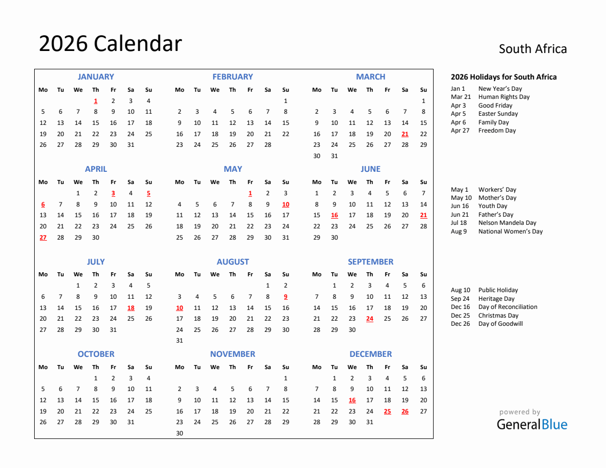 2026 Calendar with Holidays for South Africa