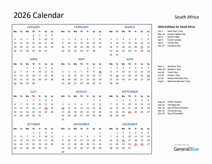 2026 Calendar with Holidays for South Africa