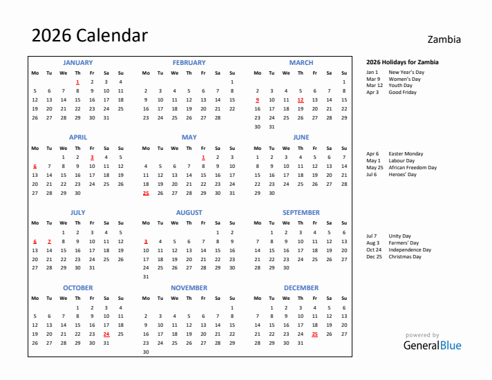 2026 Calendar with Holidays for Zambia