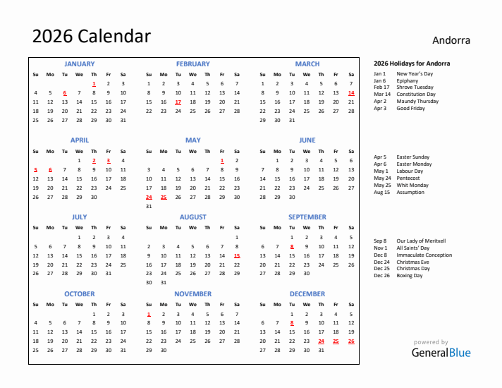 2026 Calendar with Holidays for Andorra