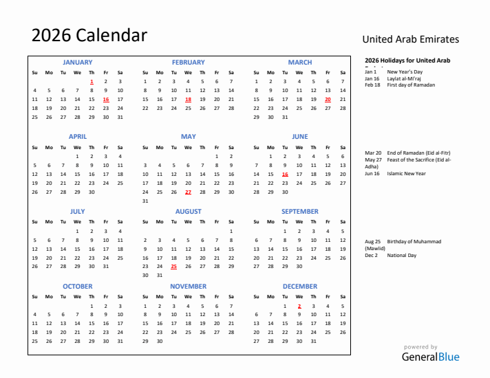 2026 Calendar with Holidays for United Arab Emirates