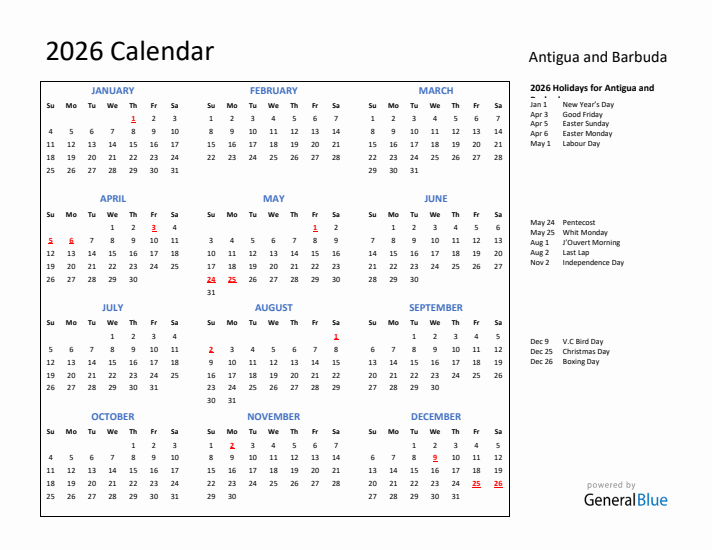 2026 Calendar with Holidays for Antigua and Barbuda