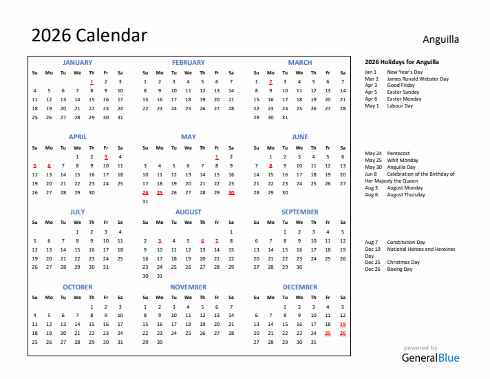 2026 Calendar with Holidays for Anguilla