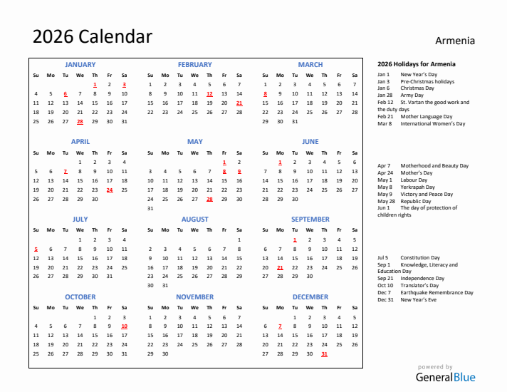 2026 Calendar with Holidays for Armenia