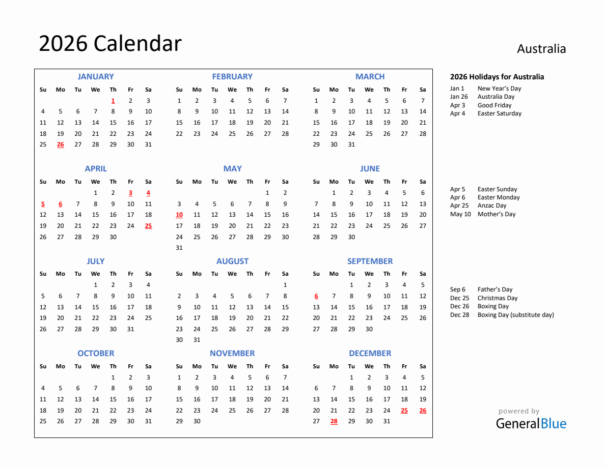 2026 Calendar with Holidays for Australia