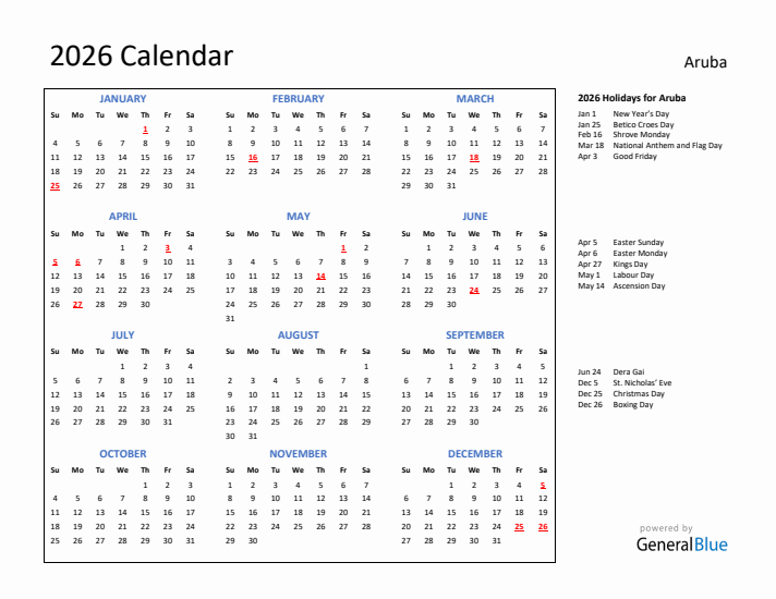 2026 Calendar with Holidays for Aruba