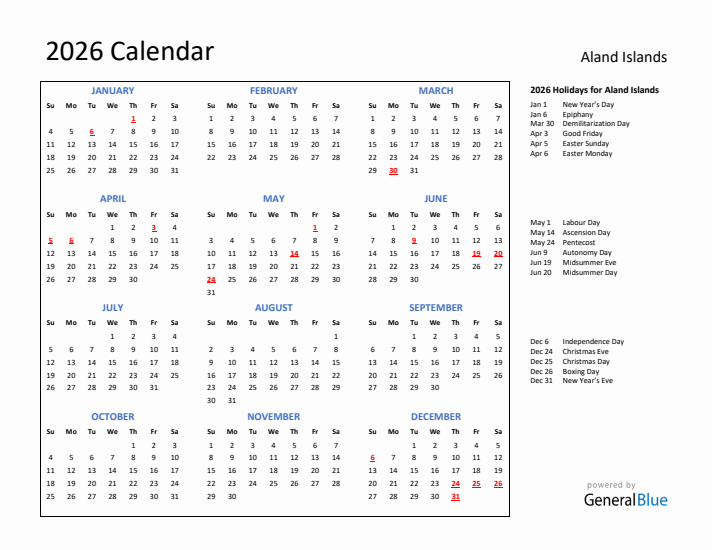 2026 Calendar with Holidays for Aland Islands