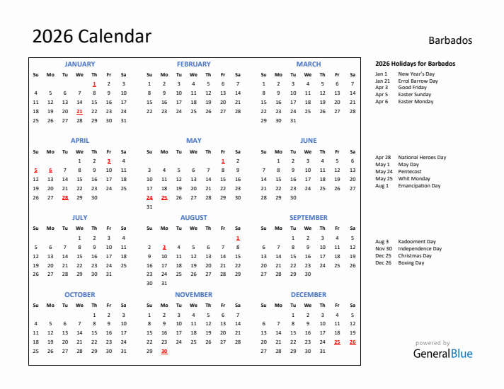 2026 Calendar with Holidays for Barbados
