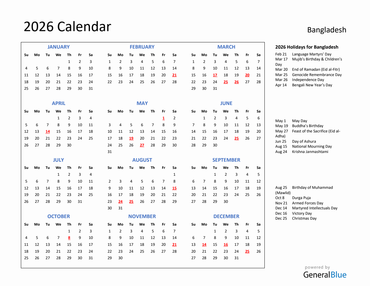 2026 Calendar with Holidays for Bangladesh