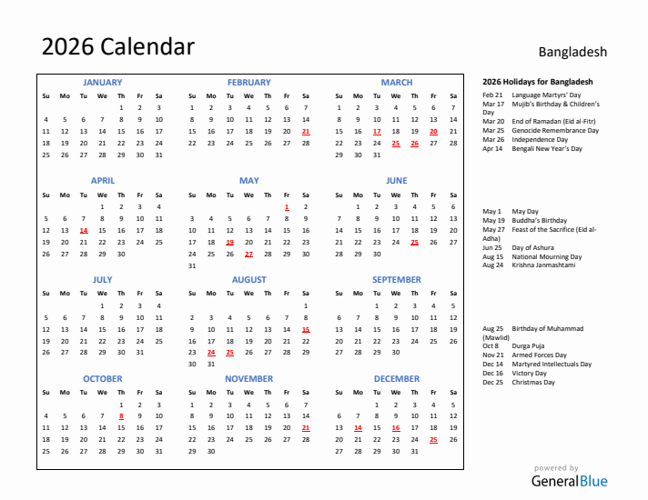 2026 Calendar with Holidays for Bangladesh