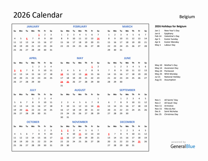 2026 Calendar with Holidays for Belgium
