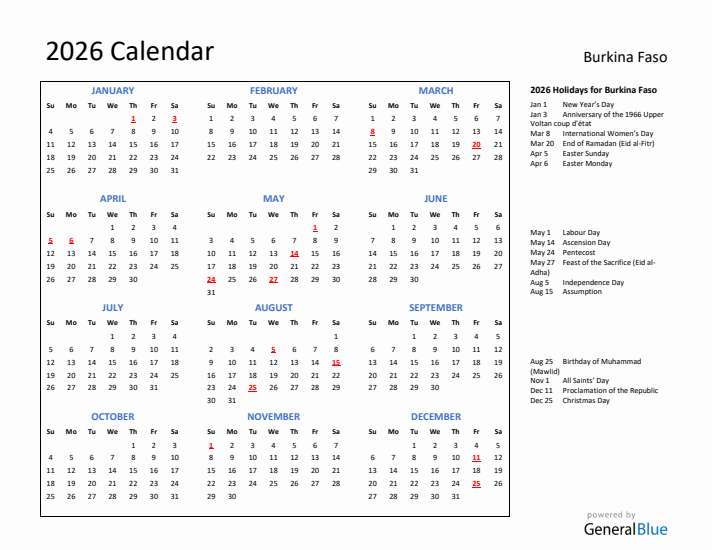 2026 Calendar with Holidays for Burkina Faso