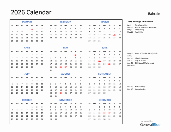 2026 Calendar with Holidays for Bahrain