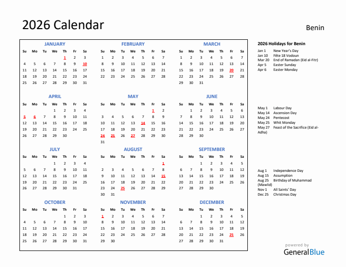 2026 Calendar with Holidays for Benin