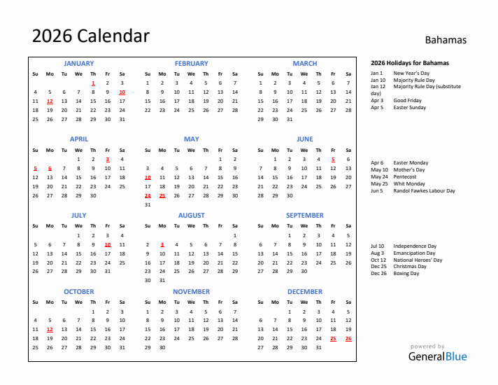 2026 Calendar with Holidays for Bahamas