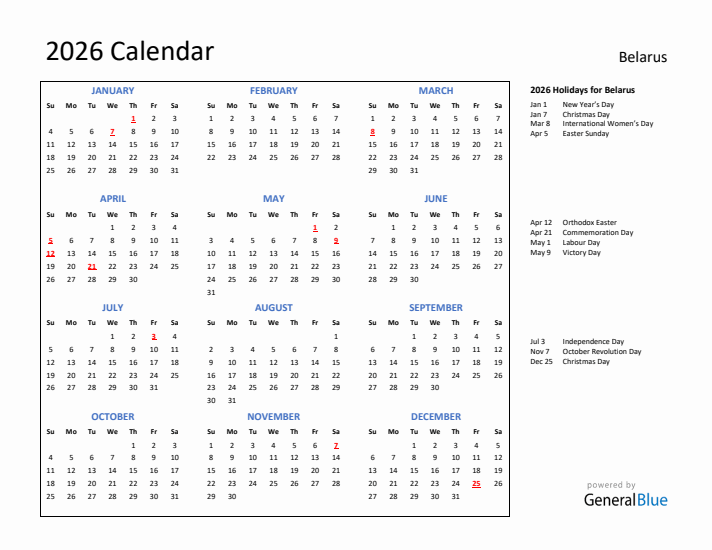 2026 Calendar with Holidays for Belarus