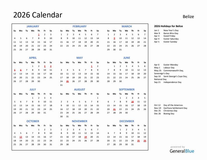 2026 Calendar with Holidays for Belize
