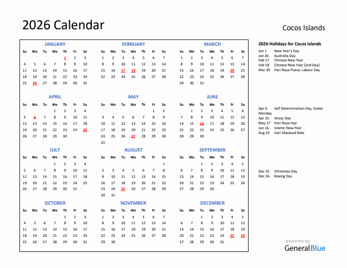 2026 Calendar with Holidays for Cocos Islands