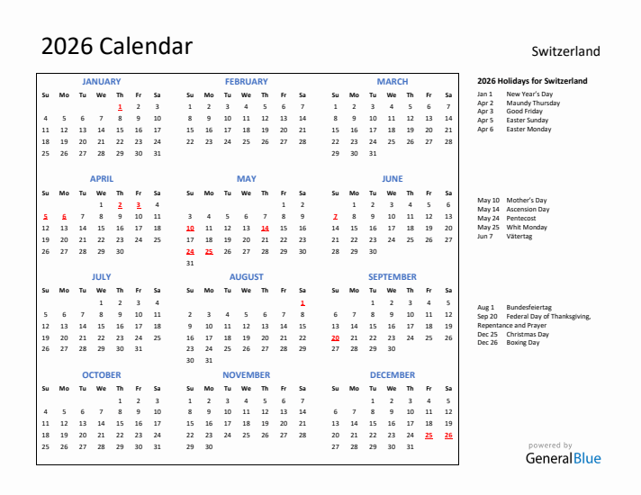 2026 Calendar with Holidays for Switzerland