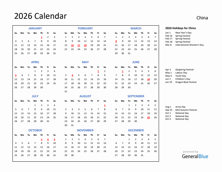2026 Calendar with Holidays for China