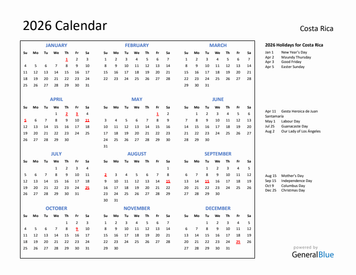 2026 Calendar with Holidays for Costa Rica