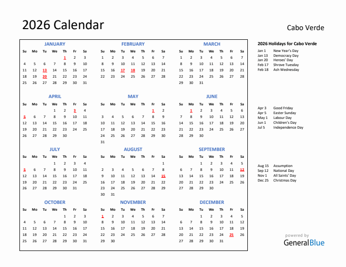 2026 Calendar with Holidays for Cabo Verde