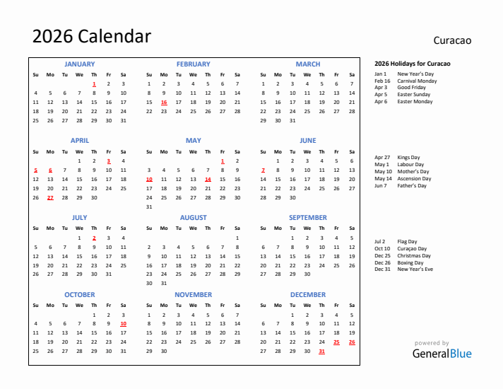 2026 Calendar with Holidays for Curacao