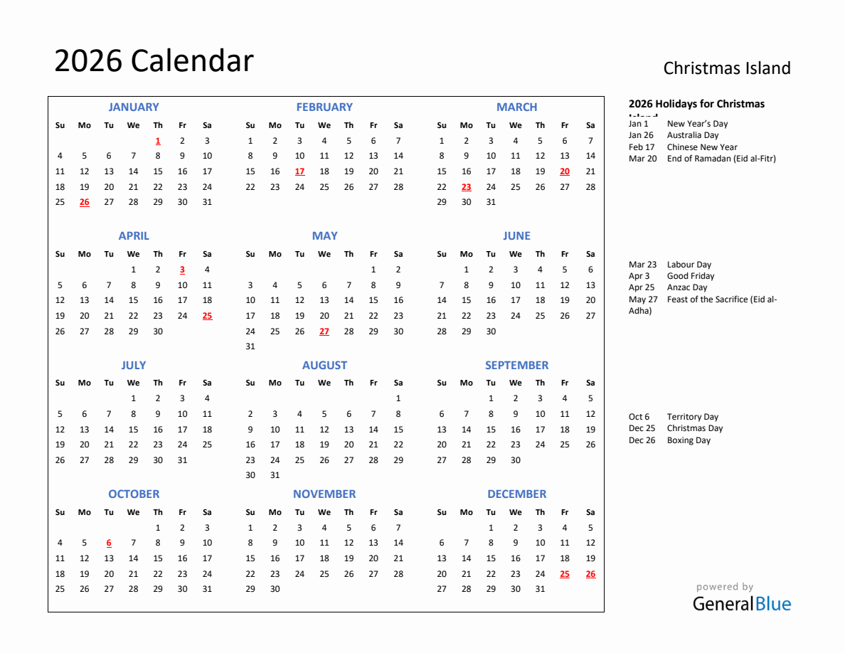 2026 Calendar with Holidays for Christmas Island