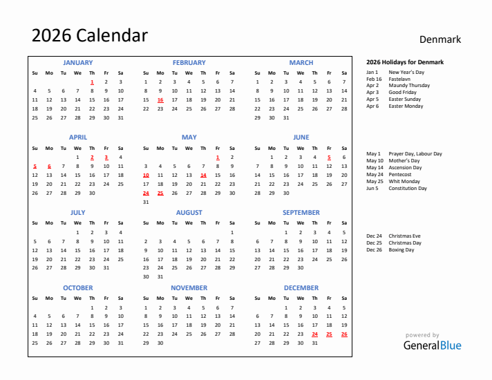 2026 Calendar with Holidays for Denmark