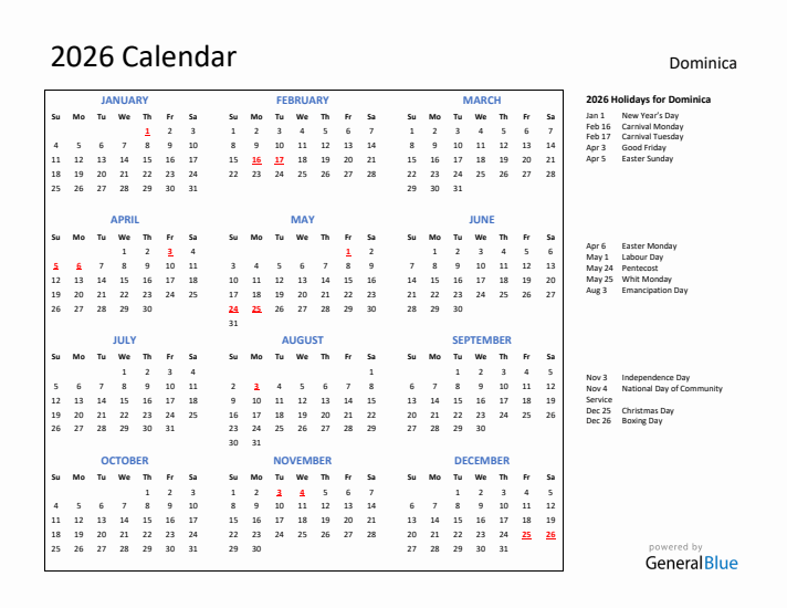 2026 Calendar with Holidays for Dominica