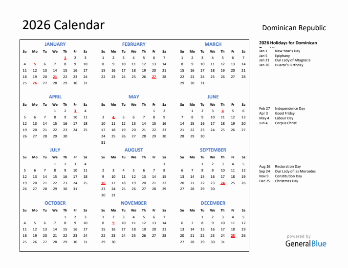 2026 Calendar with Holidays for Dominican Republic