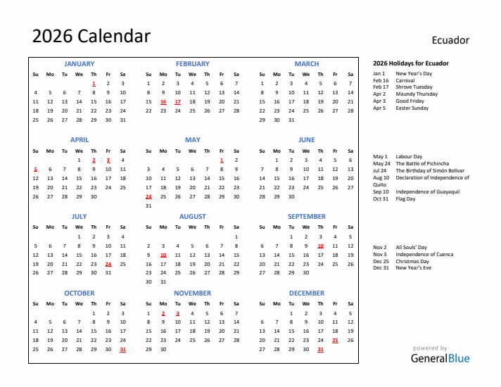 2026 Calendar with Holidays for Ecuador
