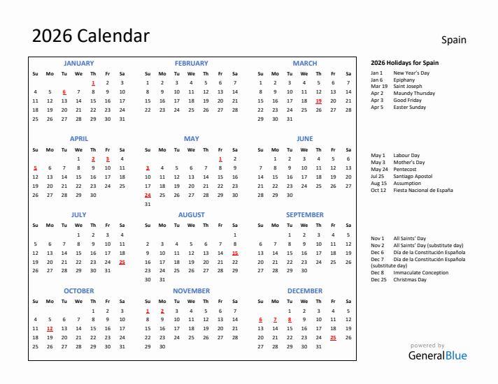 2026 Calendar with Holidays for Spain