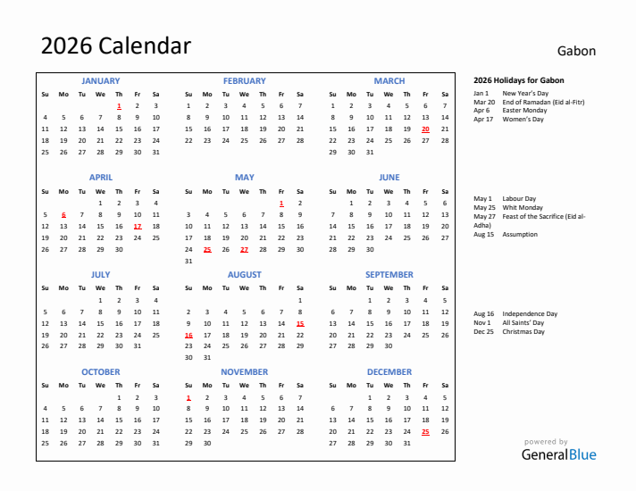2026 Calendar with Holidays for Gabon