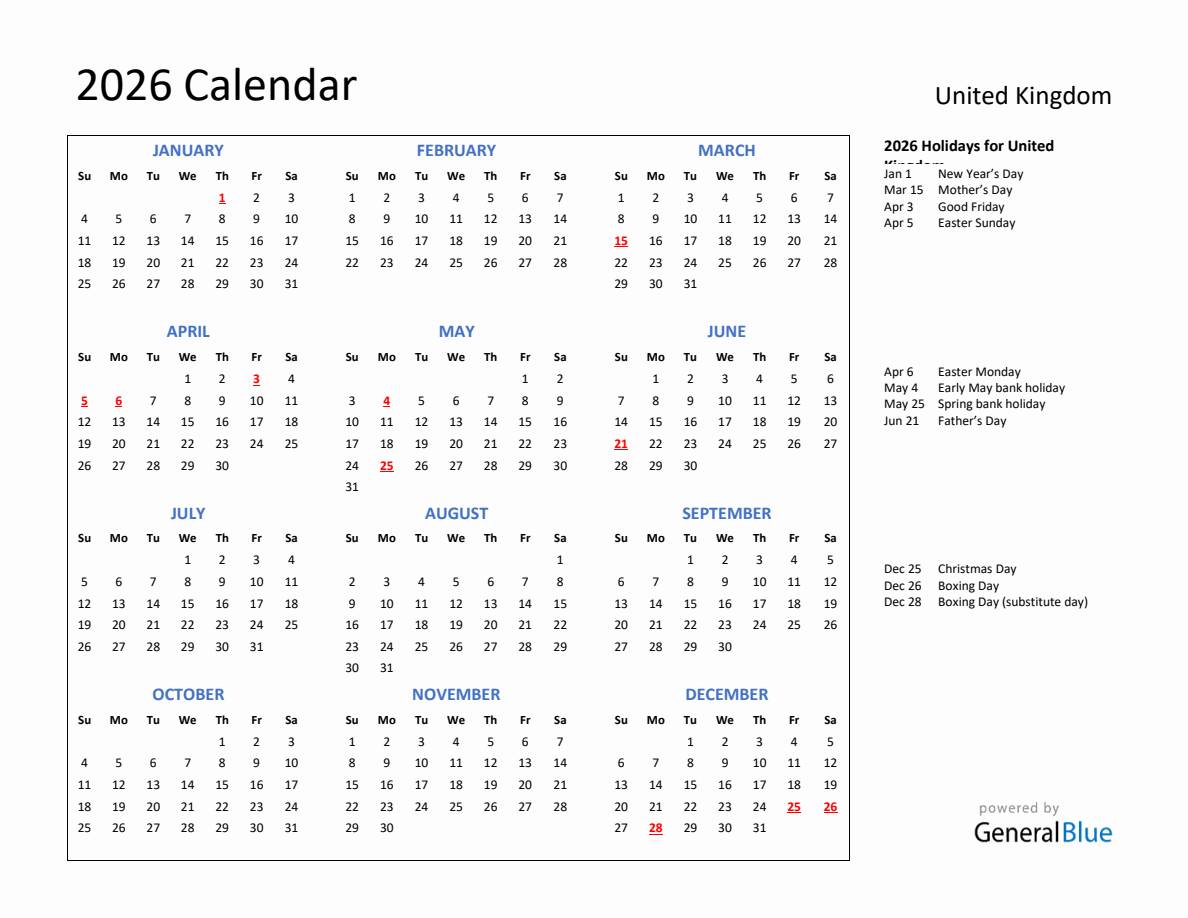 2026 Calendar with Holidays for United Kingdom