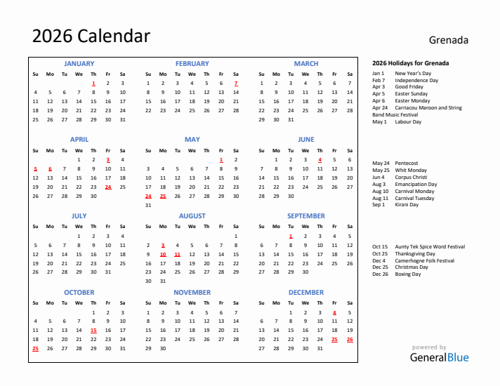 2026 Calendar with Holidays for Grenada