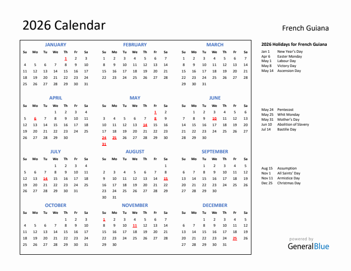 2026 Calendar with Holidays for French Guiana