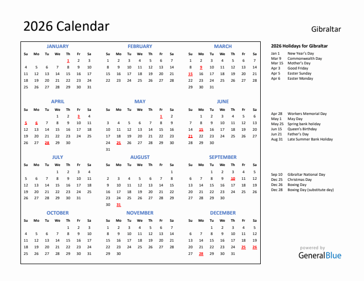 2026 Calendar with Holidays for Gibraltar