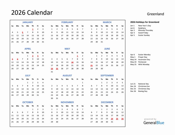 2026 Calendar with Holidays for Greenland