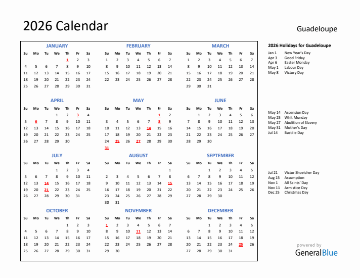 2026 Calendar with Holidays for Guadeloupe