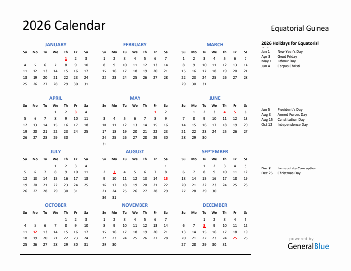 2026 Calendar with Holidays for Equatorial Guinea