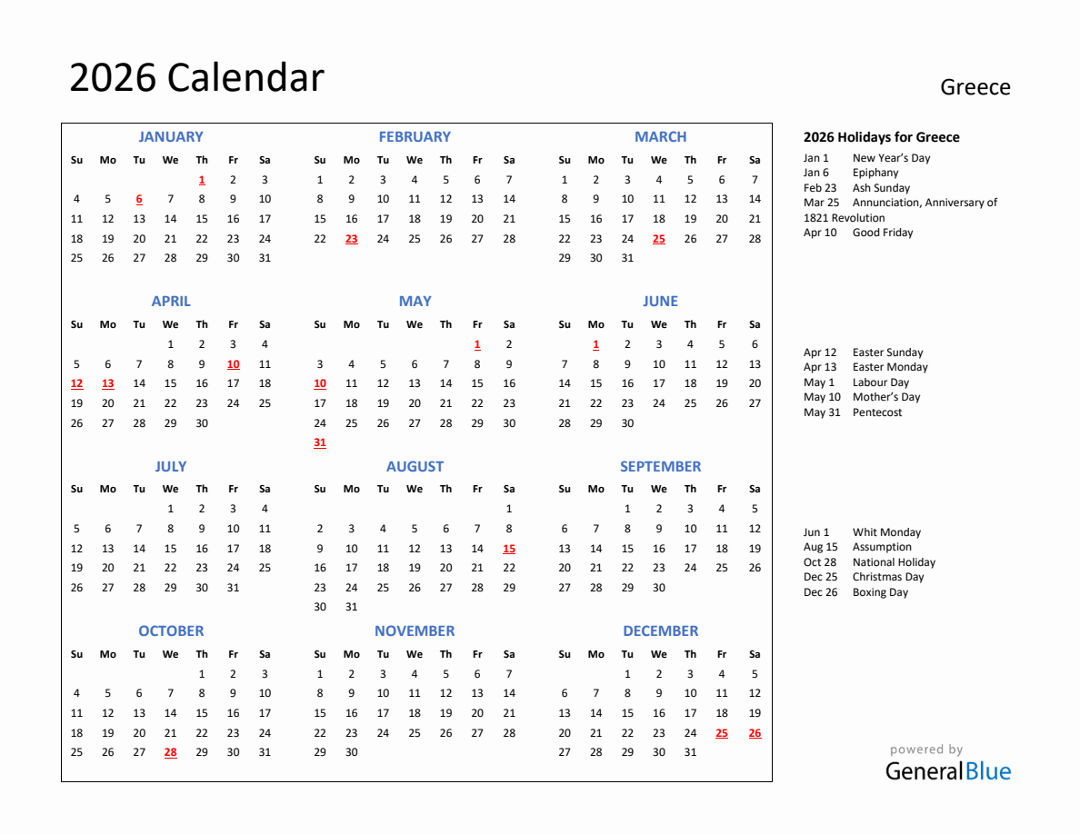 2026 Calendar with Holidays for Greece